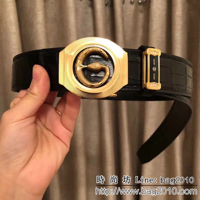 古馳CUCCI 古馳純手工美洲鱷魚無拼接肚皮 新款精美蛇頭鋼扣高端男士皮帶 GHG1528